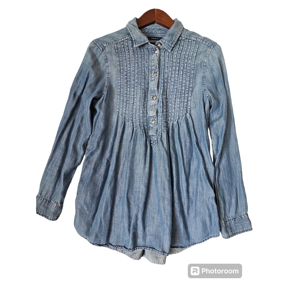 AMERICAN EAGLE AE Jegging Fit Collared Half Button Blue Lyocell Tunic Top Size S